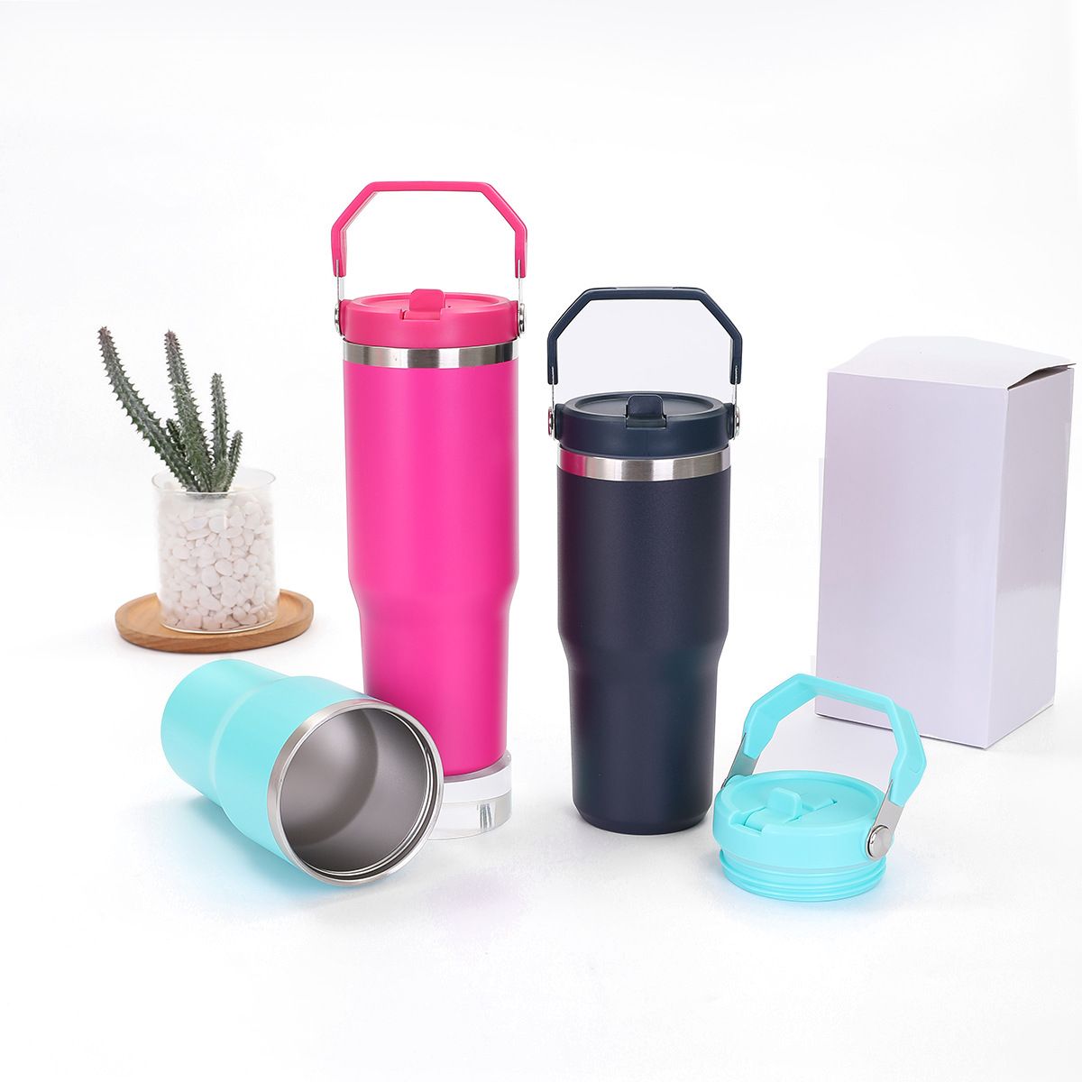 Leak-Proof Insulated Tumbler with Foldable Straw and Handled Handle