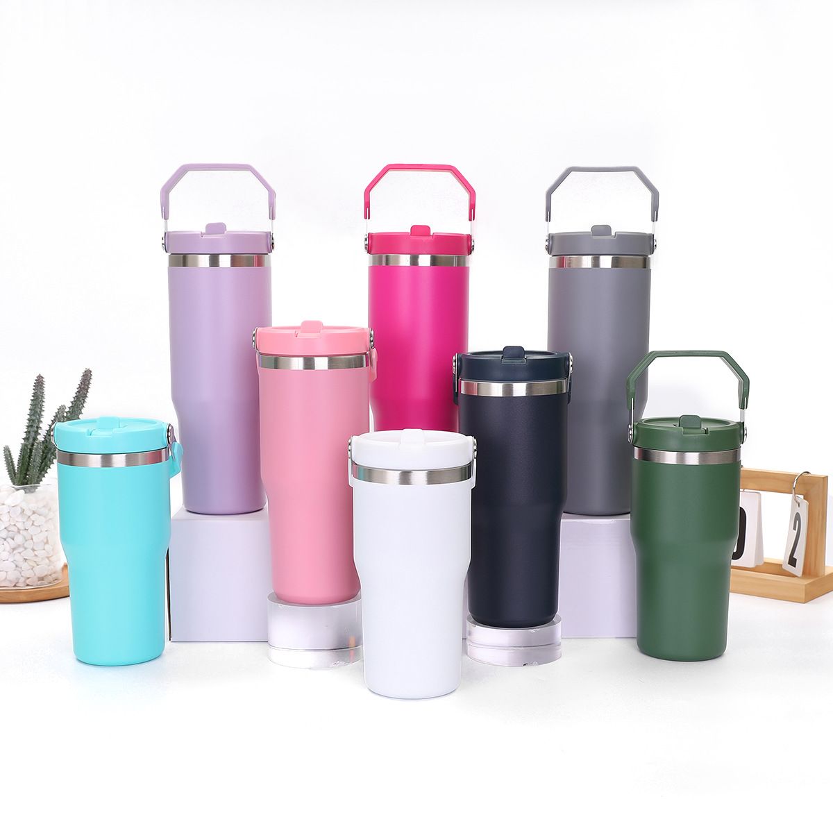 Leak-Proof Insulated Tumbler with Foldable Straw and Handled Handle