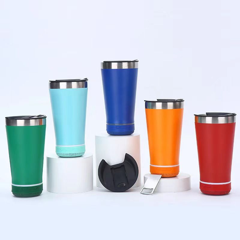 16oz Insulated Mug with Built-In Bottle Opener and Bluetooth Speaker