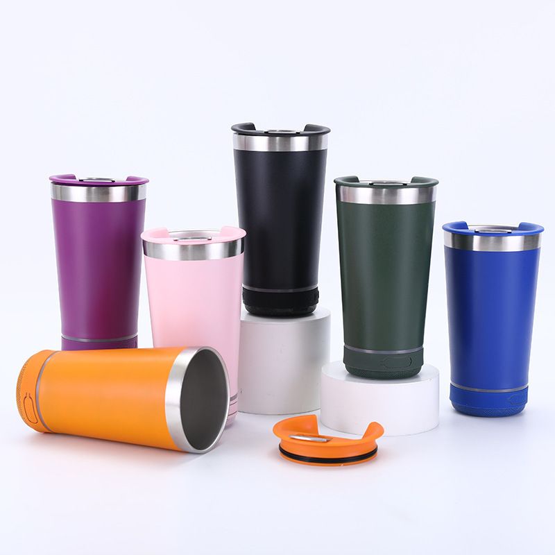 16oz Insulated Mug with Built-In Bottle Opener and Bluetooth Speaker